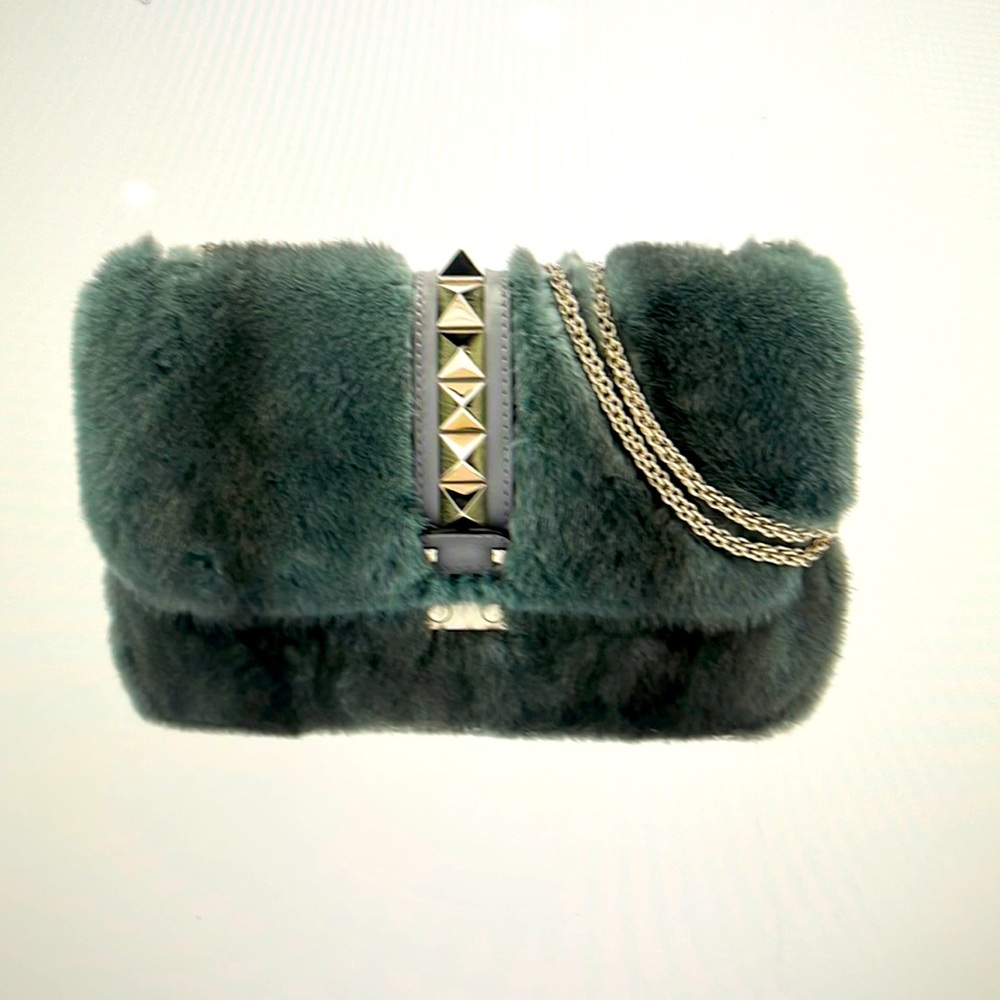 Valentino Garvani mink shoulder bag. Blue-green fur with gold tone hardware l